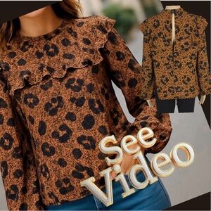 👛(ANY 2/$25) TOPSHOP High Neck Blouse Orange Black Floral Puffed Sleeve/Ruffle